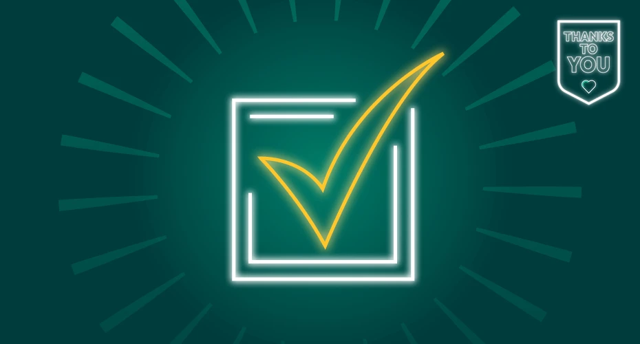 graphic of a big yellow tick in a white box, with green background