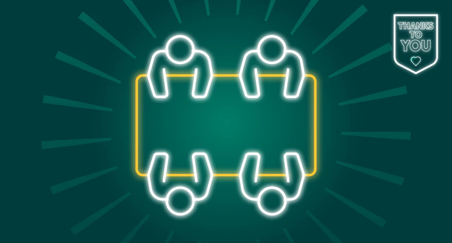 graphic of an aerial view of 4 people sat at a table, with green background