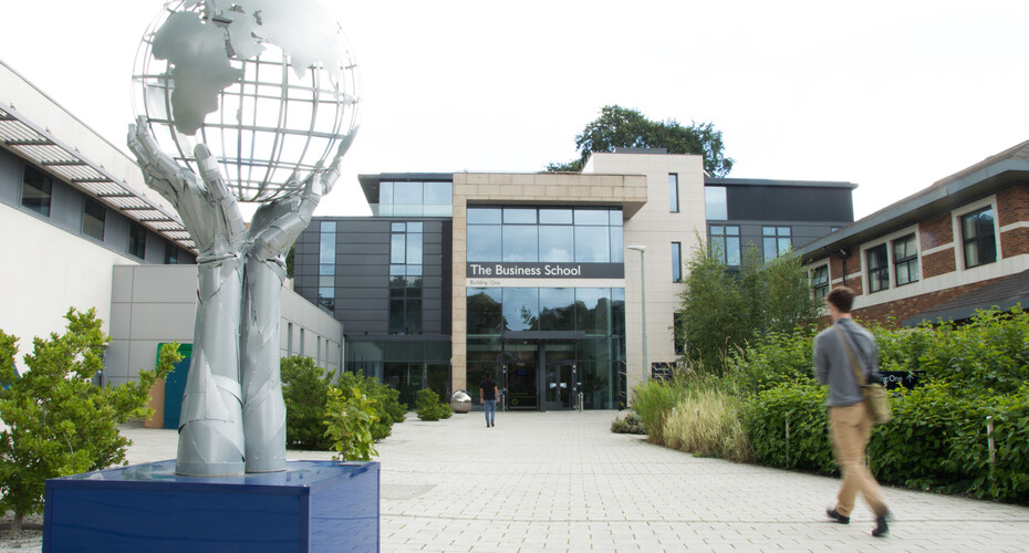 The Business School Building:One and the 'In our hands' sculpture by Simon Ruscoe