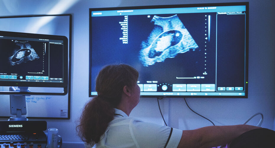 A nurse performing an ultrasound on a patient