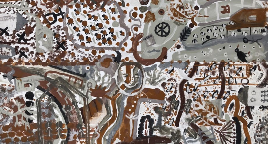 A communal painting using earth pigments on board, featuring an abstract and intricate design. The artwork includes various shapes, symbols, and patterns in shades of brown, gray, and white. The composition appears to depict a blend of natural elements, local landmarks, and community life, creating a detailed and textured visual narrative.