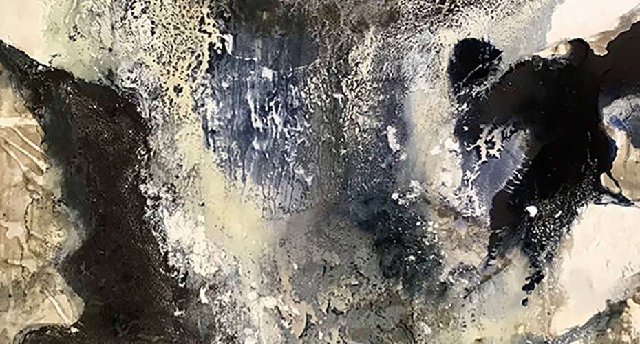 An abstract painting with a mix of black, white, and gray tones. The artwork features textured, fluid patterns that create a sense of movement and depth. The composition includes areas of contrast and intricate details, suggesting an organic, almost geological appearance.