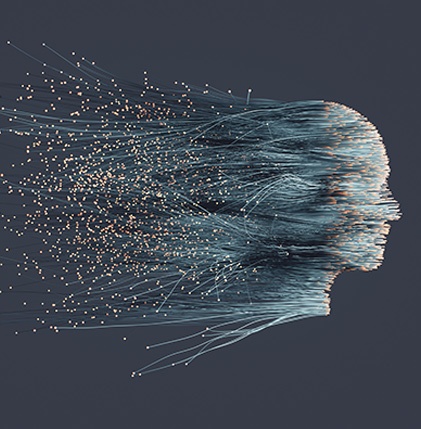 A man's head composed of tangled wires, representing complexity and interconnectedness.