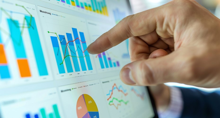 A finger pointing at a detail on a graph on a computer screen.