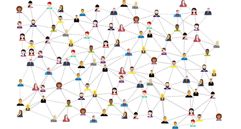 An illustration depicting a network of individuals linked by dots, representing social connections and interactions.