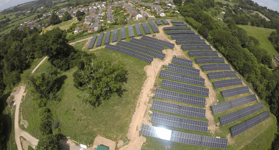 Aerial view of solar panels at Duryard