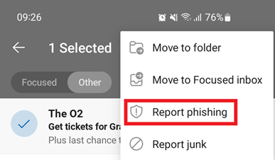 Screenshot showing the second step of reporting a phishing email on Outlook for Android