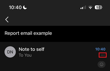 Screenshot showing the first step of reporting a phishing email on Outlook for iOS