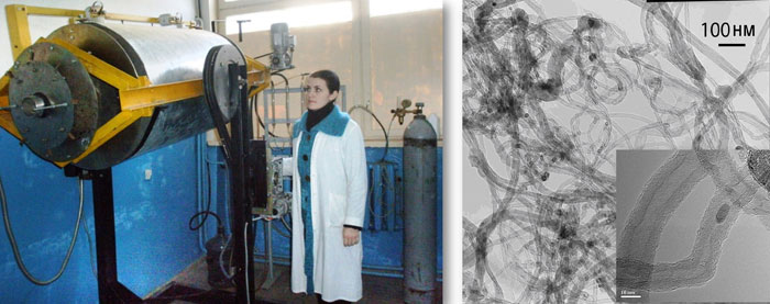 Photograph of myself next to the reactor for large-scale production (left)
of the multiwalled carbon nanotubes (right), which are rolled-up graphene sheets,
synthesised by Chemical Vapour Deposition, a technique that uses gases at extremely high temperatures.